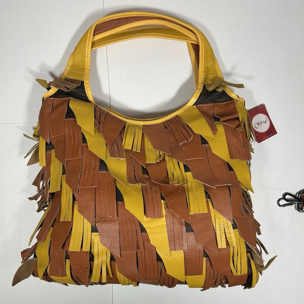NWT Chaos by Elsie Brown Yellow Genuine Leather Fringe Hobo Shoulder Bag Strap